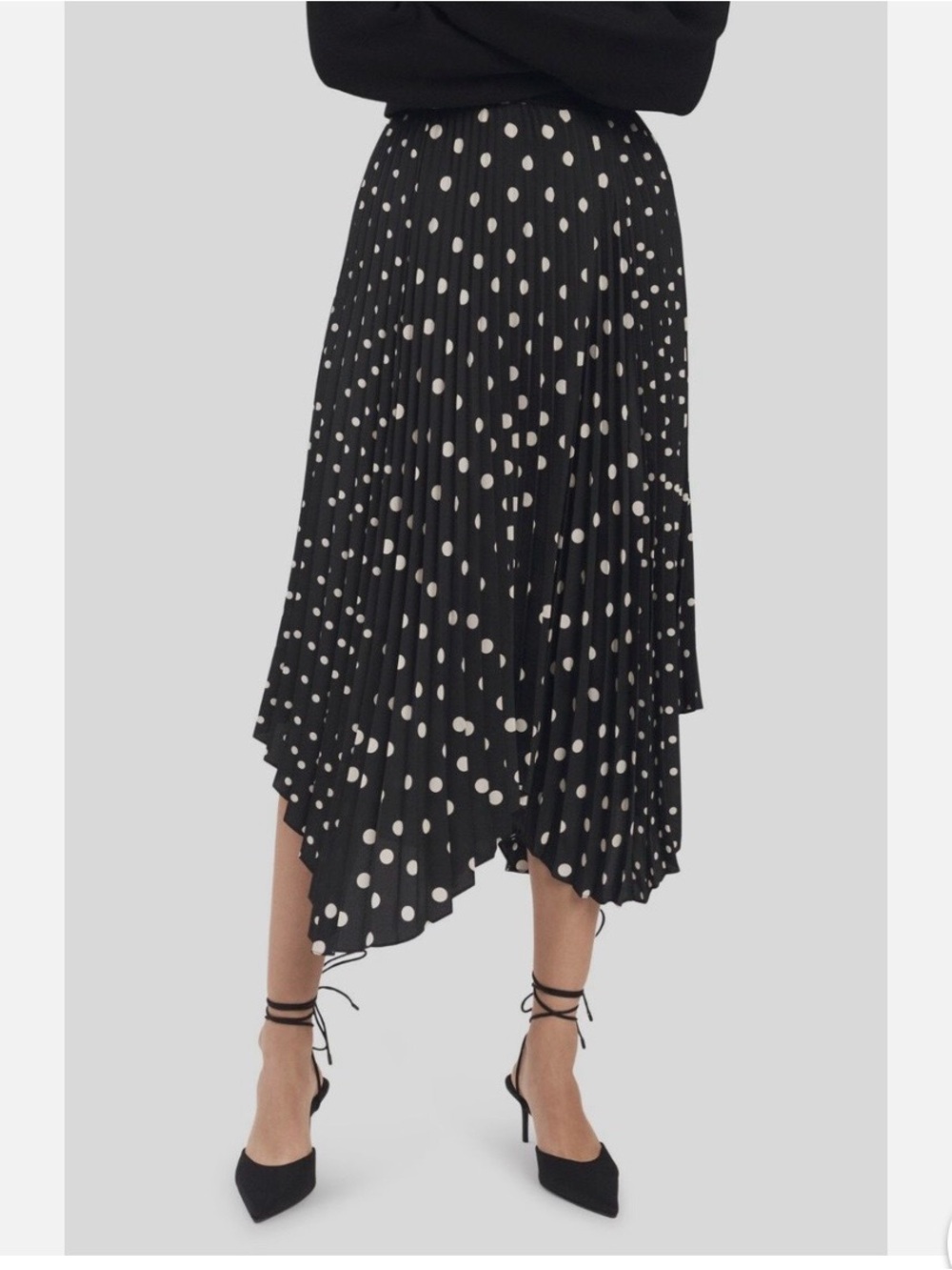 Black & White Polka Dot Pleated Asymmetrical Skirt